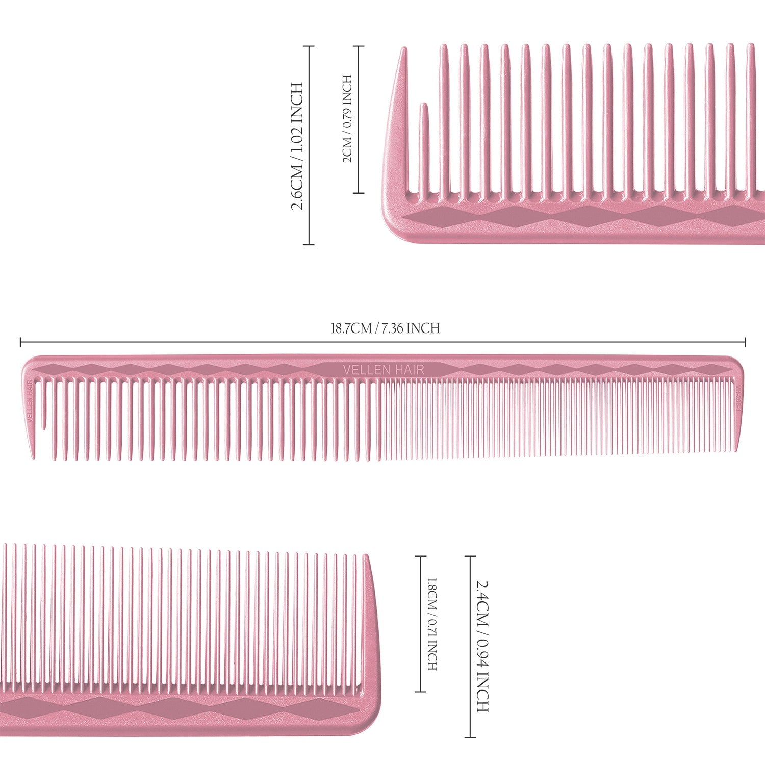 Vellen Hair® Ultimate Cutting Combs 5 Different Sizes - Pink